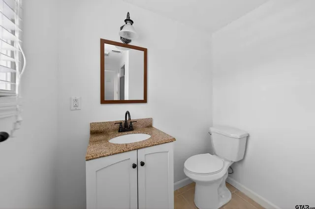 a bathroom with a sink toilet and mirror