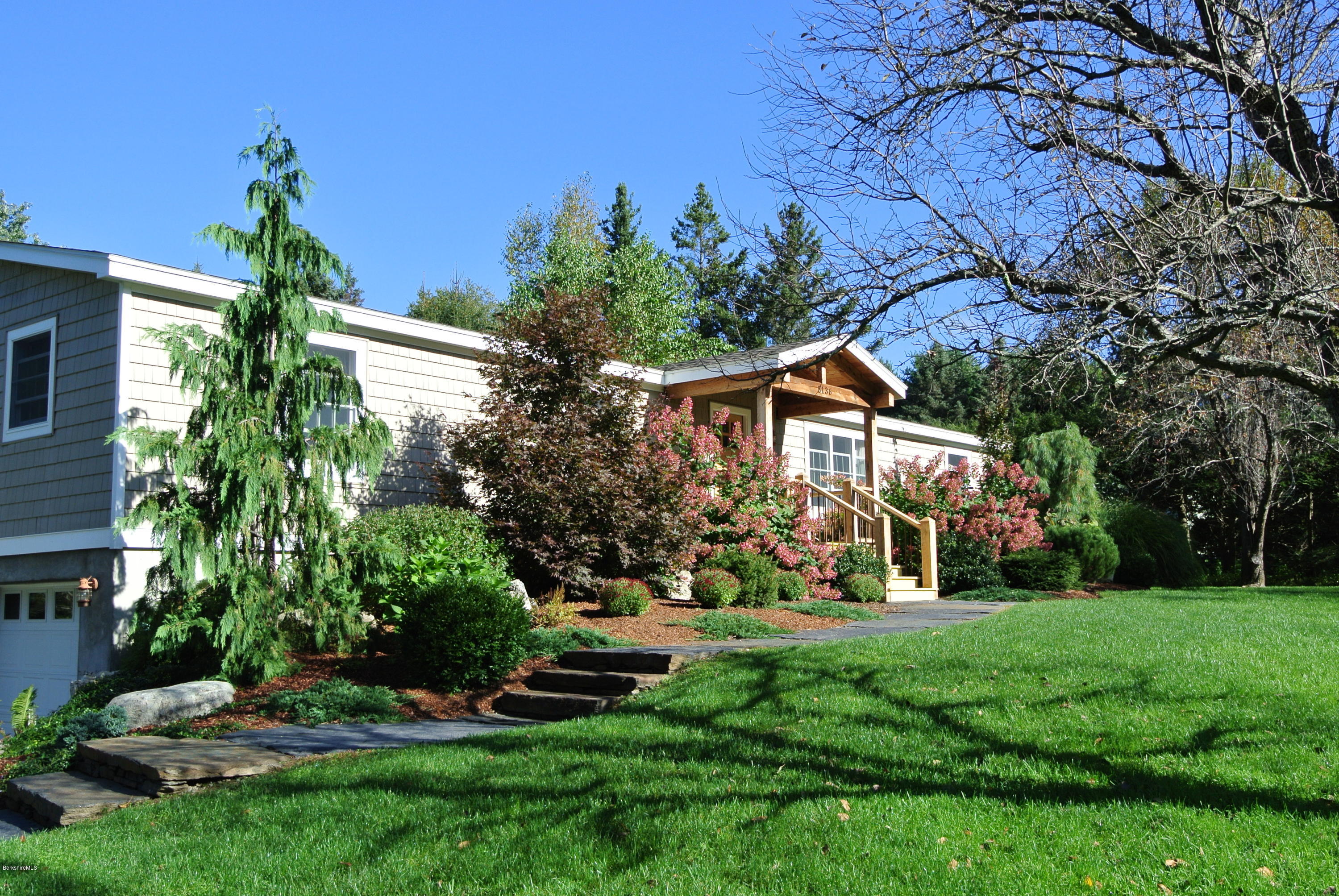 a big yard with potted plants and large trees