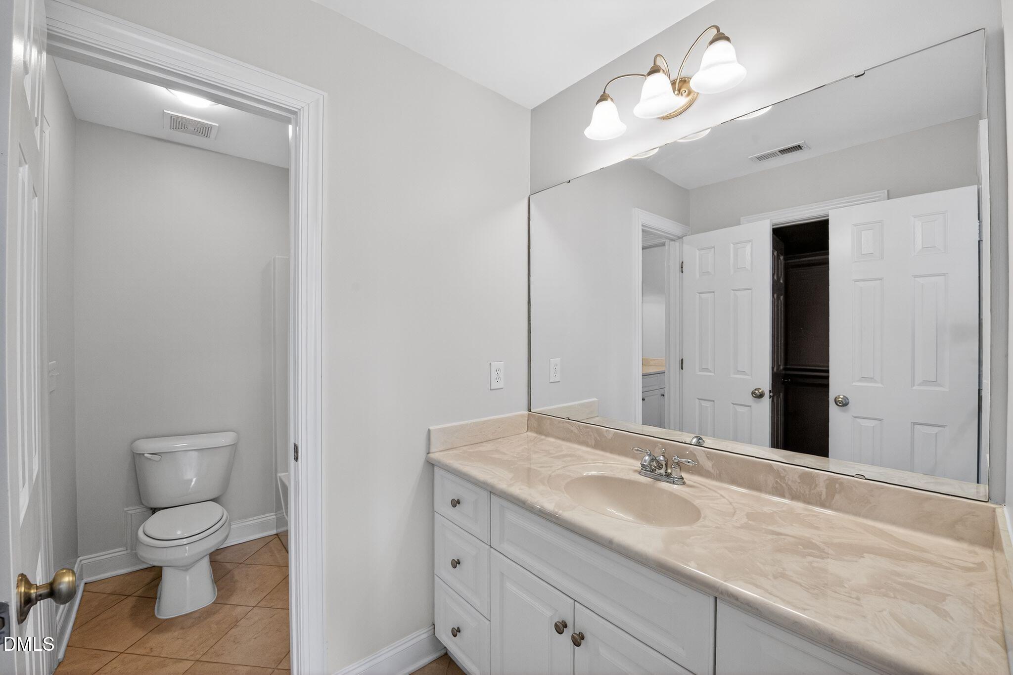 8725 Oregon Inlet Court Raleigh, NC 27603 - Photo 15 of 31 a bathroom with a toilet a sink and a large mirror