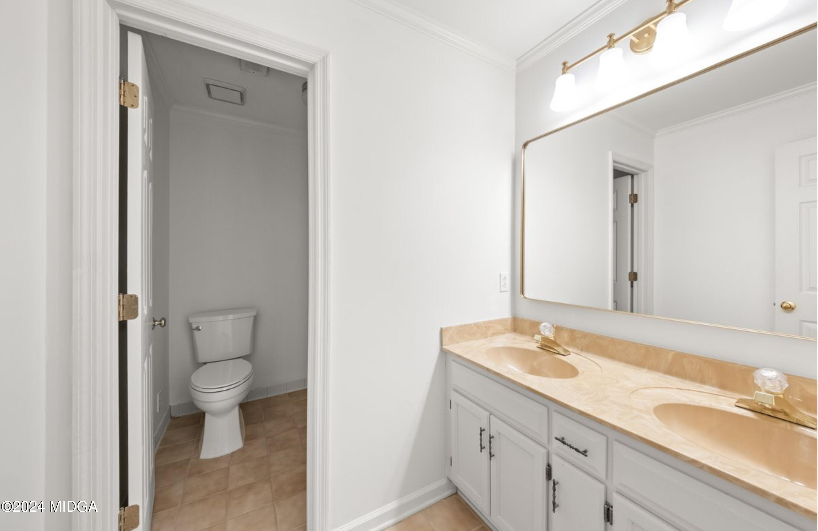154 Lokchapee Landing Macon, GA 31210 - Photo 20 of 29 a bathroom with a sink a toilet and a large mirror