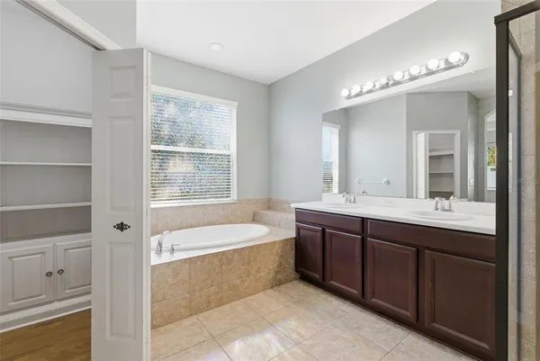 a bathroom with a tub a sink and mirror
