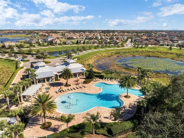 an aerial view of a swimming pool