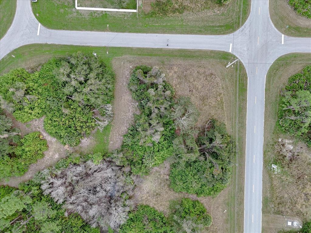 an aerial view of a house with a yard