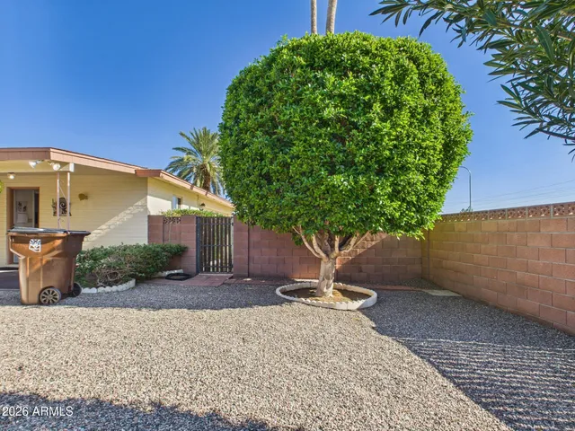 a view of a house with a yard and potted plants