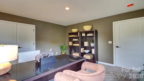 a living room with furniture and a book shelf