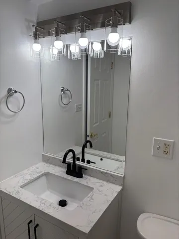 a bathroom with a sink vanity and toilet