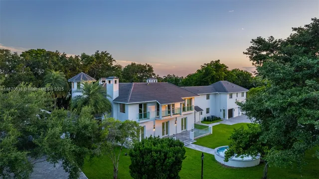 a aerial view of a house with a yard and potted plants