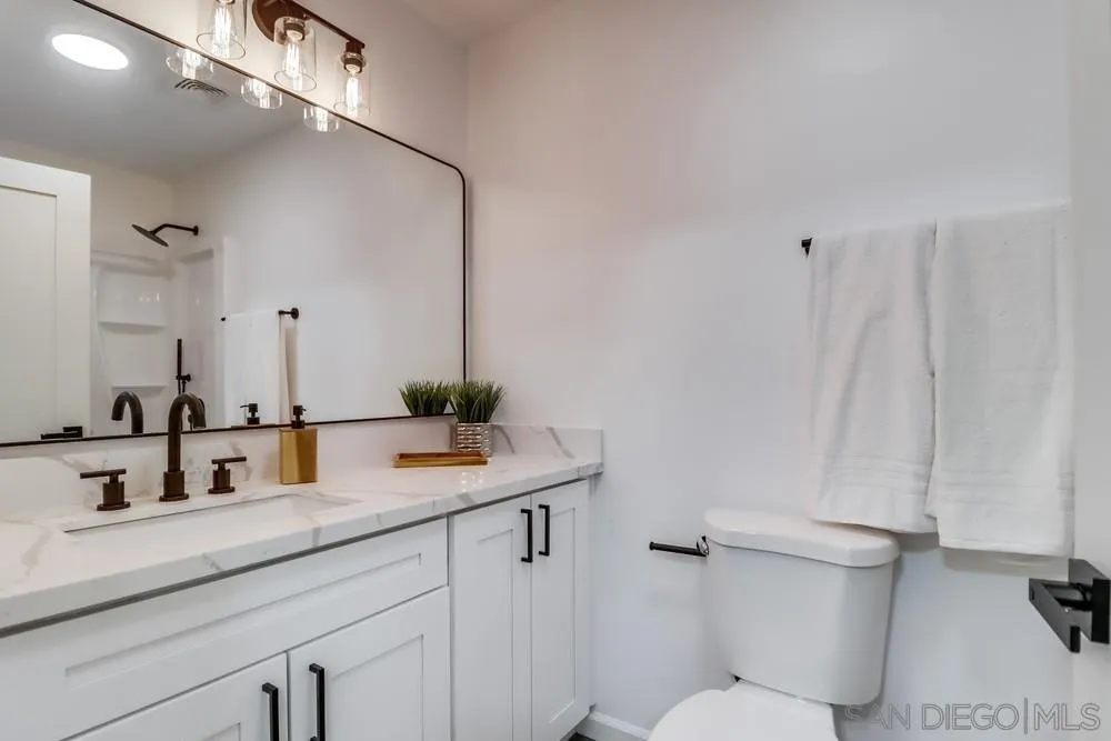 2821-25 Rosedale Way Spring Valley, CA 91977 - Photo 42 of 72 a bathroom with a sink a toilet a mirror and shower curtain