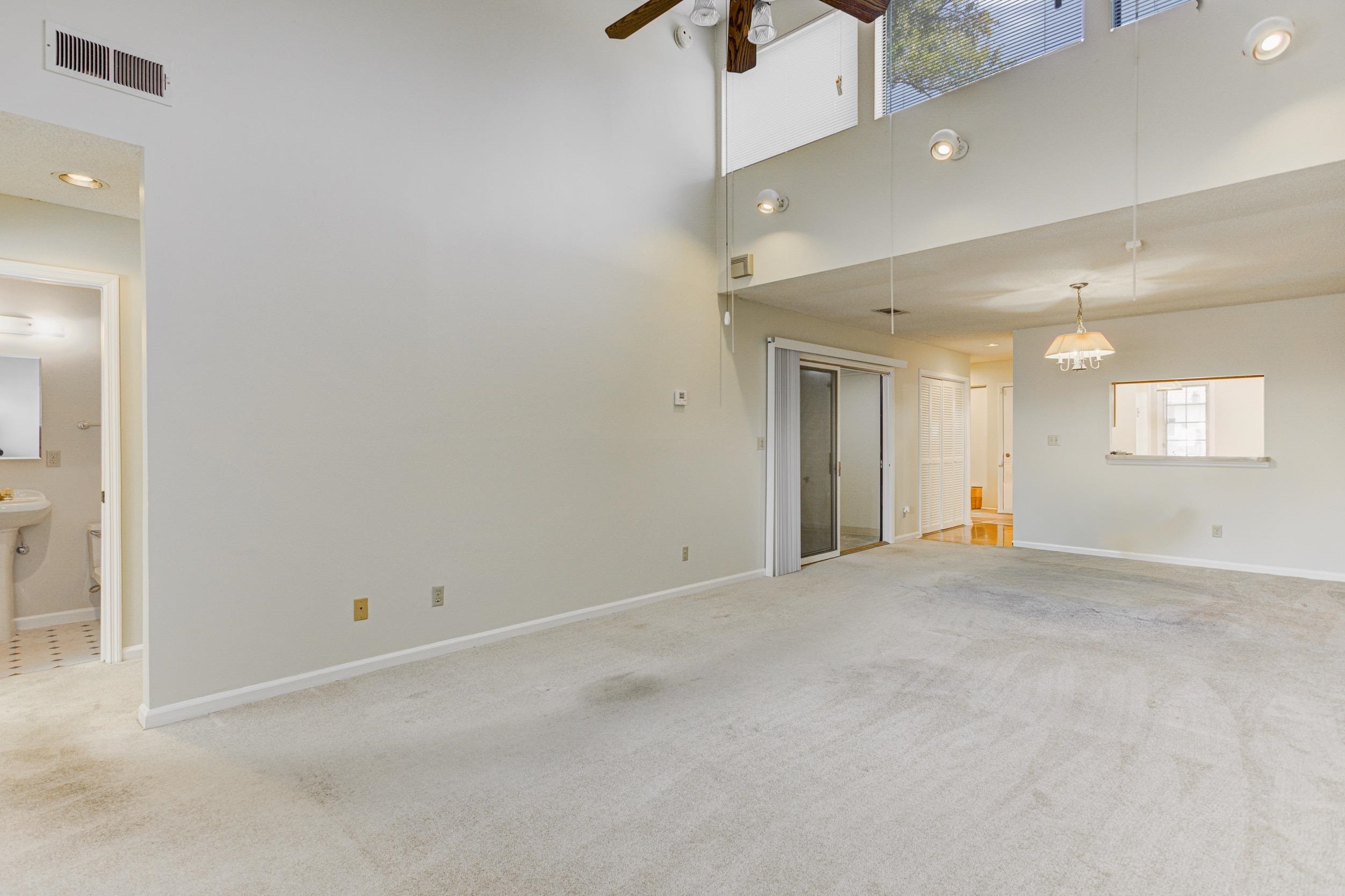 5013 Scheibler Road, Unit C1 Memphis, TN 38128 - Photo 10 of 36 Unfurnished living room featuring light carpet, recessed lighting, a towering ceiling, and a ceiling fan