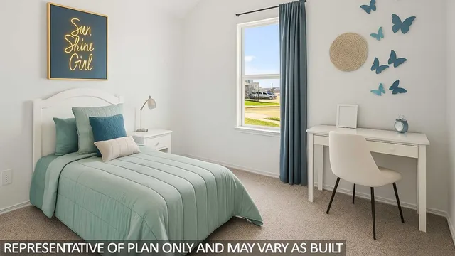 a bedroom with a bed and a mirror