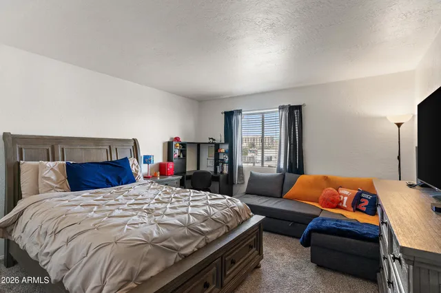 a bedroom with a bed and dresser