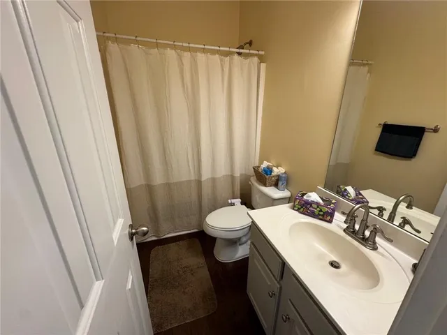 a bathroom with a sink a toilet and shower curtain
