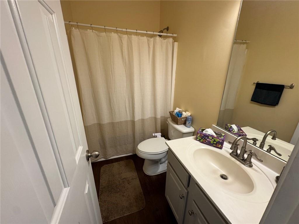 524 King Street Suwanee, GA 30024 - Photo 10 of 23 a bathroom with a sink a toilet and shower curtain