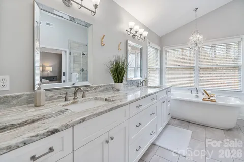 a bathroom with a tub sink and mirror