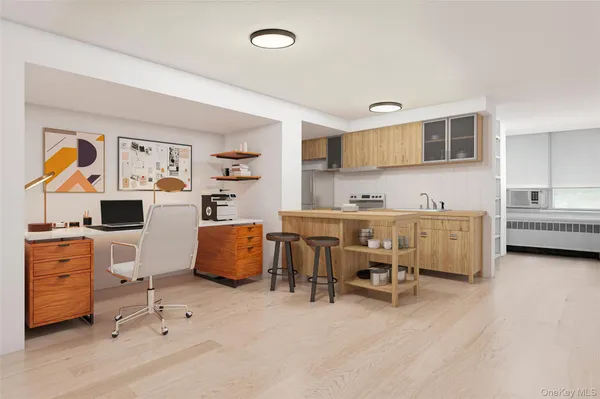 a workspace with furniture and window