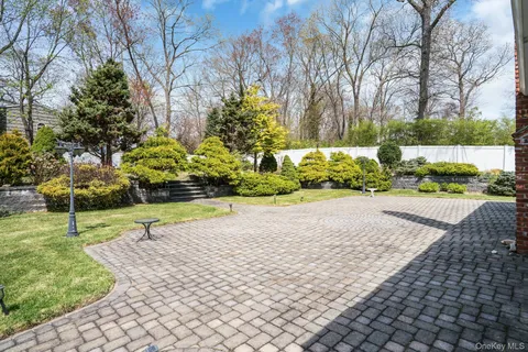 a view of a garden with large tree