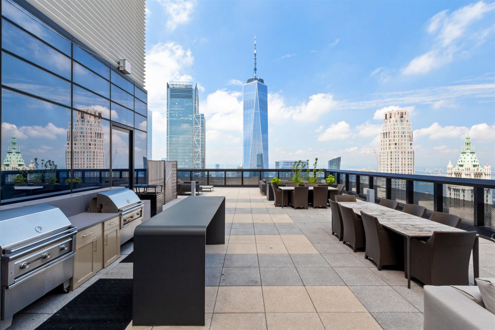 19 Dutch Street, Unit 50H Manhattan, NY 10038 - Photo 35 of 36 a view of roof deck with seating space and appliances