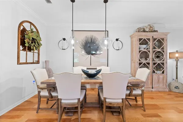 a view of a dining room with furniture a rug and wooden floor