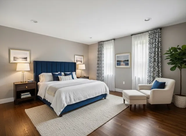 a bedroom with a bed and a couch