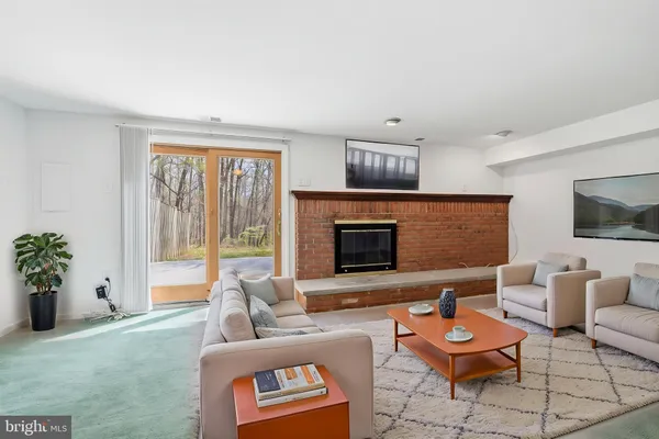 a living room with furniture potted plant and a fireplace