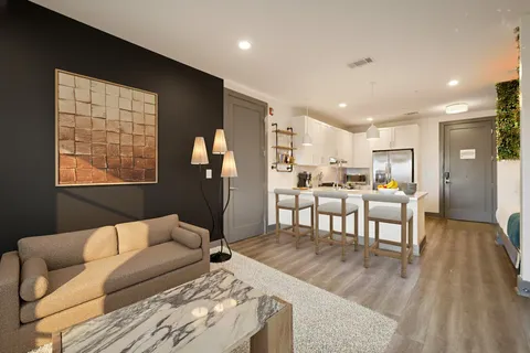 a living room with furniture and a dining table with kitchen view