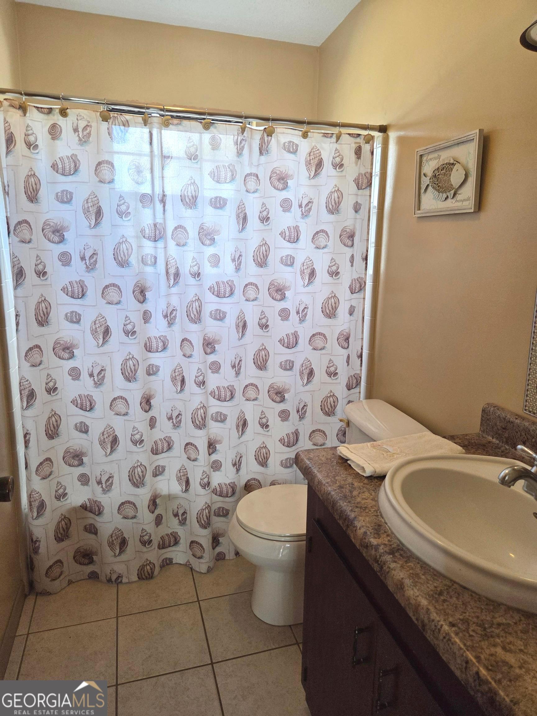 674 McNatt Falls Road Uvalda, GA 30473 - Photo 22 of 58 a bathroom with a granite countertop toilet a sink a mirror and a shower curtain