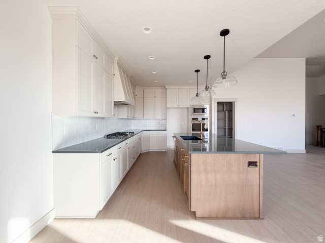 533 West S Temple Street, Unit 309 Tooele, UT 84074 - Photo 3 of 24 Kitchen with backsplash, a center island with sink, light wood finished floors, white cabinets, and recessed lighting