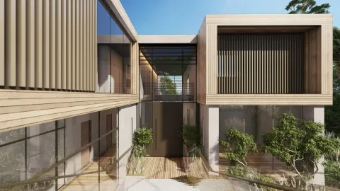 a view of a house with roof and sitting area
