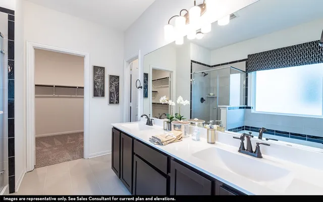 a bathroom with a sink double vanity and a mirror