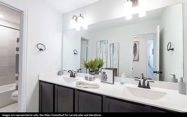 a bathroom with a sink double vanity and a mirror
