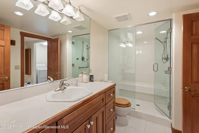 a bathroom with a sink a toilet and shower