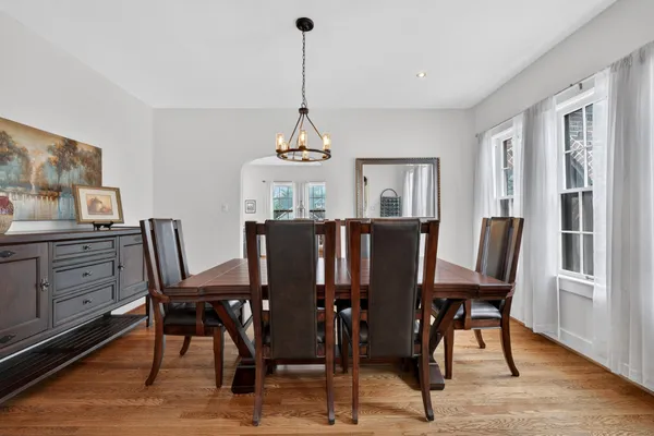 a view of a dining room with furniture