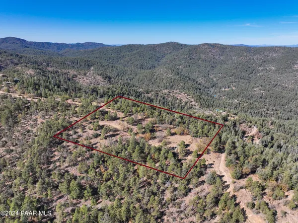a view of a dry yard with mountains in the background