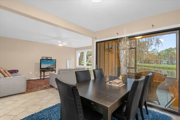 a view of a dining room with furniture window and outside view