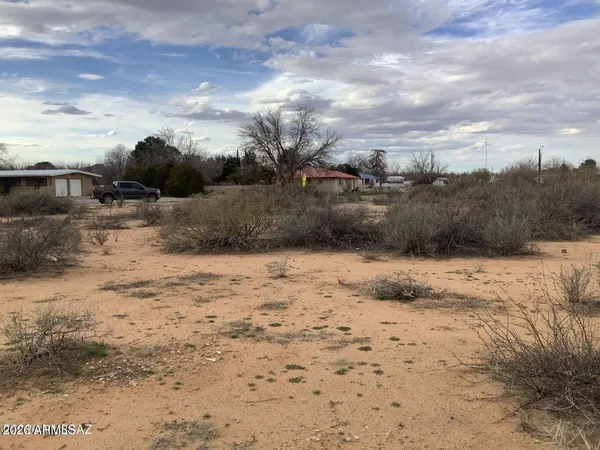 a view of a dry yard with wooden fence