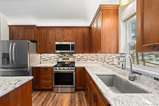 a kitchen with a stove sink and refrigerator