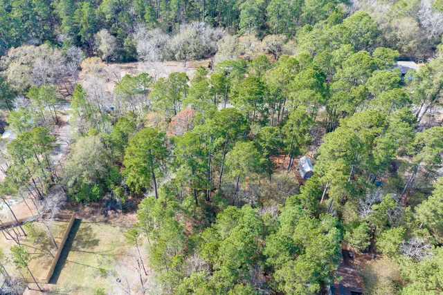a view of a yard with plants and a brick wall