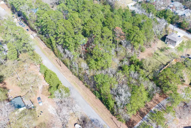 an aerial view of residential houses with outdoor space and trees