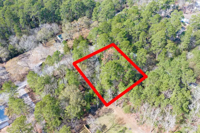 an aerial view of residential houses with outdoor space and trees