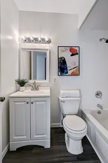 a bathroom with a toilet sink and mirror