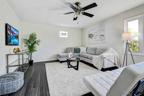 a living room with furniture and a potted plant