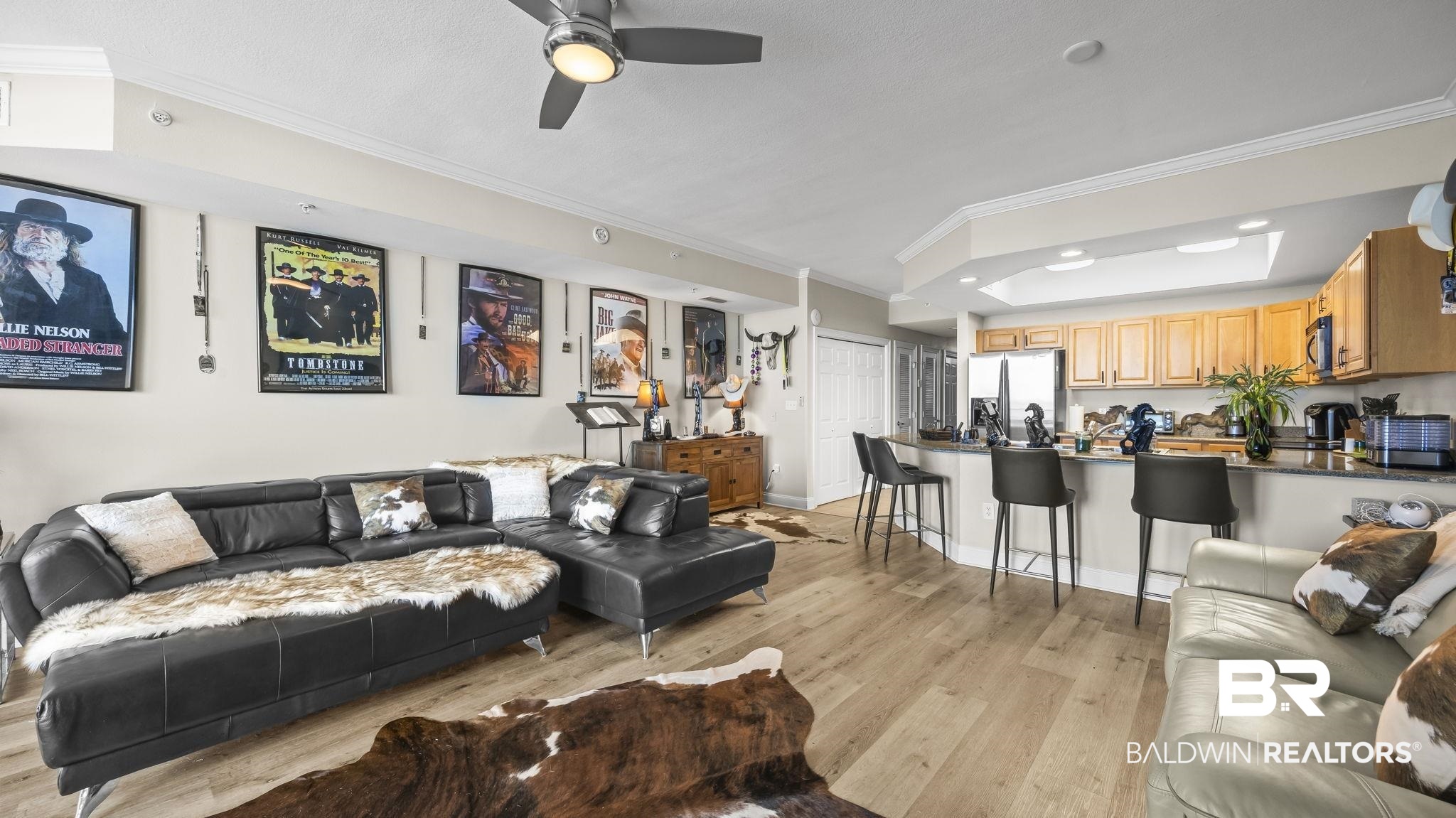 27800 Canal Road, Unit 313 Orange Beach, AL 36561 - Photo 3 of 23 Living area featuring ornamental molding, light wood-style floors, a raised ceiling, a ceiling fan, and recessed lighting