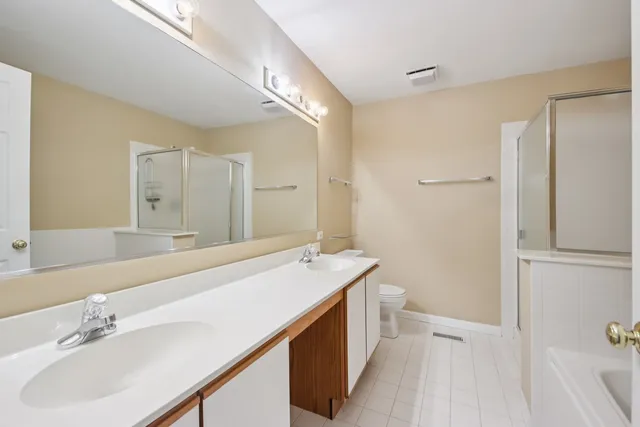 a bathroom with a sink a toilet and a large mirror