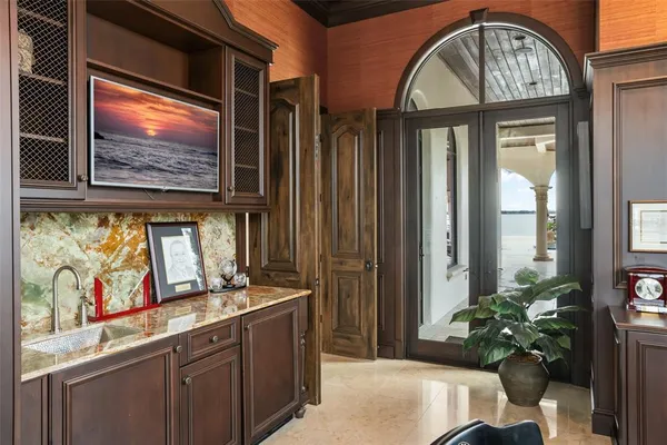 a view of a garden with a fountain