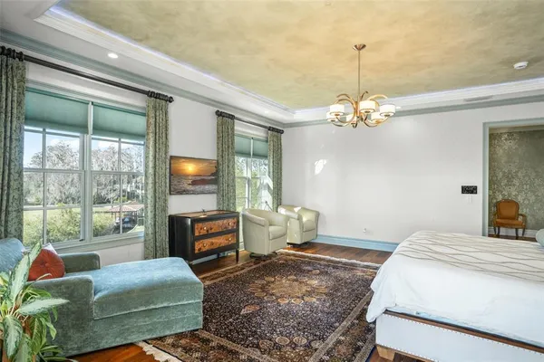 a view of a park with large trees