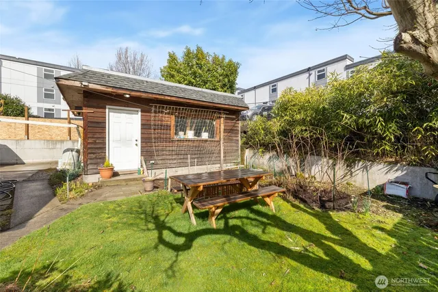 a view of backyard with a chair and potted plants