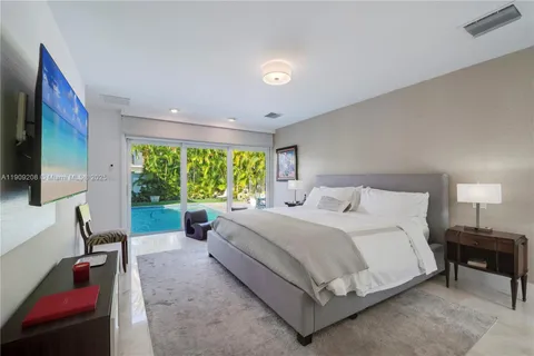 a bedroom with a bed and glass wall