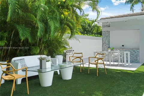 a view of a dining table and chairs in a patio