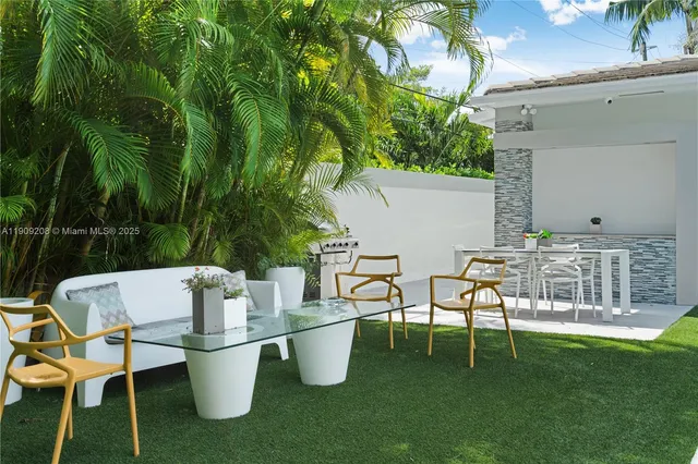 a view of a dining table and chairs in a patio