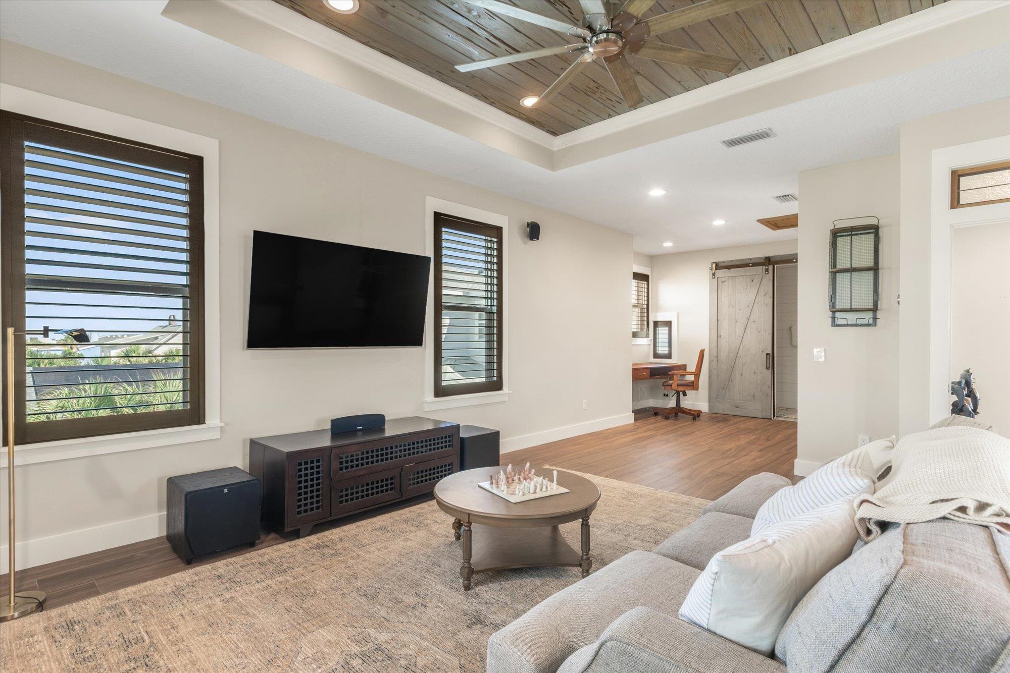 1 2nd Lane St. Augustine, FL 32080 - Photo 23 of 86 Living area with a barn door, a desk, recessed lighting, wood ceiling, and wood finished floors